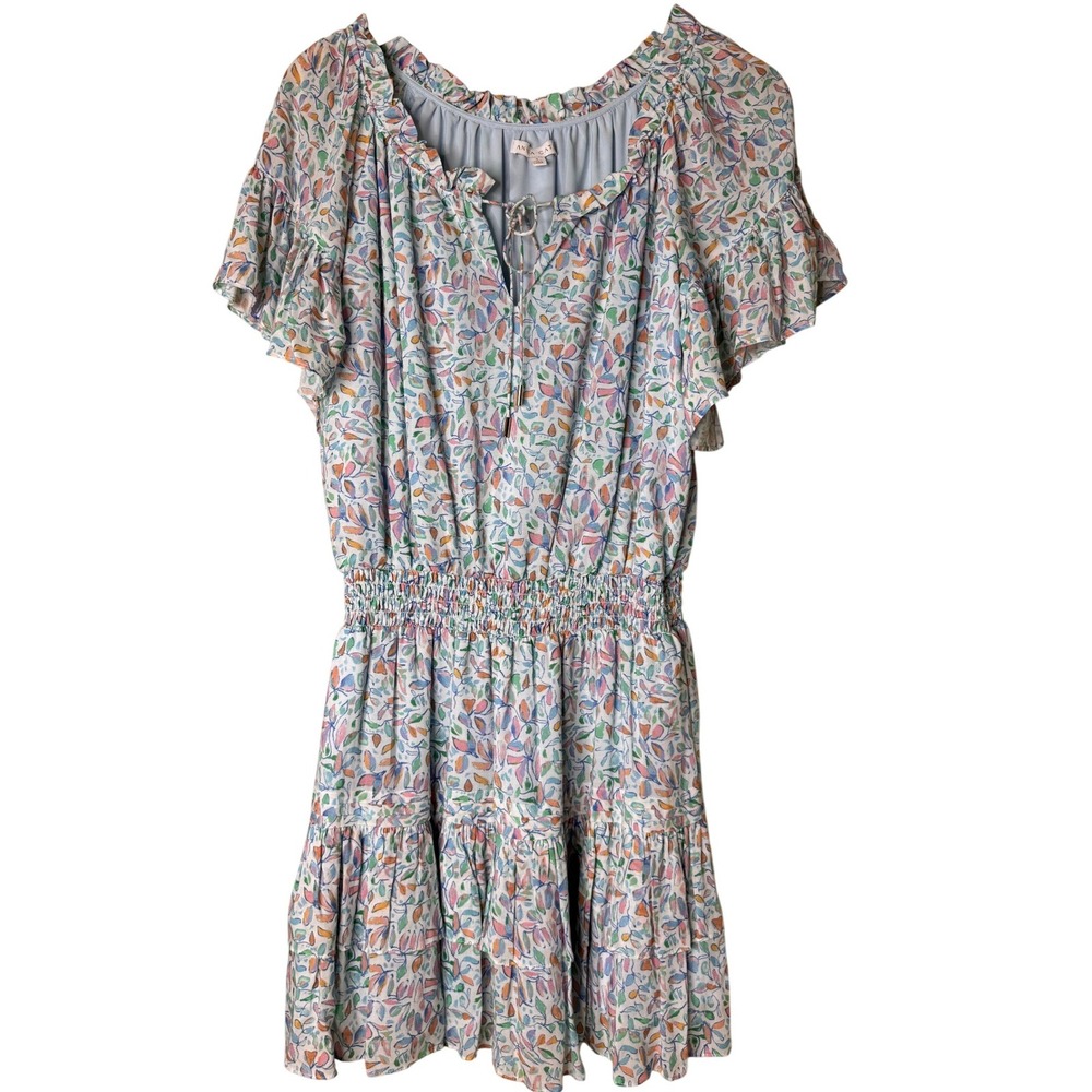 Anna Cate Floral Leaf Print Mini Dress Smocked Waist Flutter Sleeve Blue Small